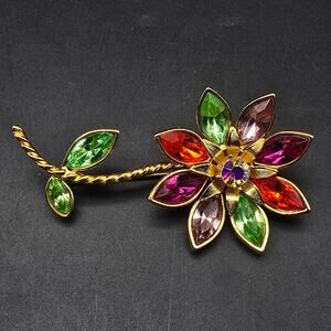 RJ Graziano Rhinestone Flower Brooch Gold Tone Colorful